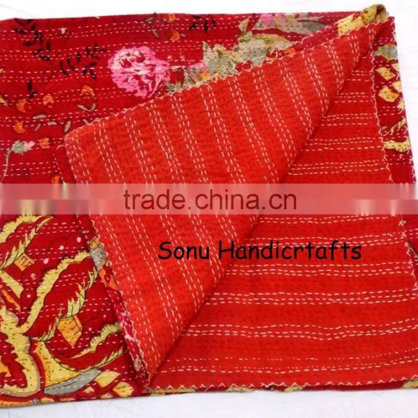 Indian Handmade Printed Kantha Quilt Reversible Queen Bedspread Bed Cover