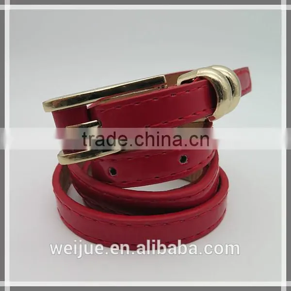 Gold Plated Alloy Buckle Leather Girl's Red Skinny Belt