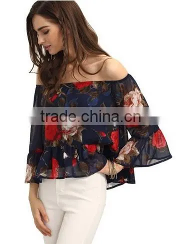 Women's Casual Floral Off Shoulder Chiffon Blouse Top photo-3