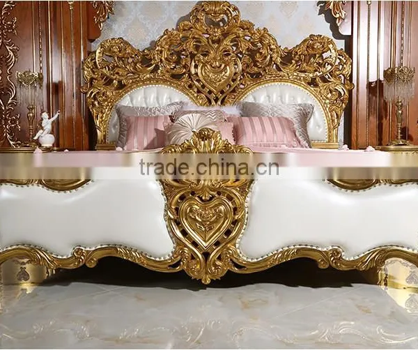 Royal Place Gold Leaf Finished Full Solid Wood Carving Bed, Arabic Golden Style Bedroom Furniture(MOQ=1 SET) photo-5