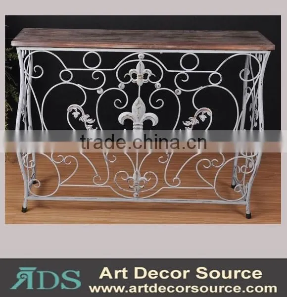 Vintage White Metal Art Base Wood Industrial Console Table