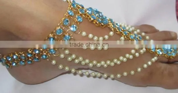 Gold Blue Crystal Pearl Anklets Toe Ring Barefoot Sandal PAYAL photo-3