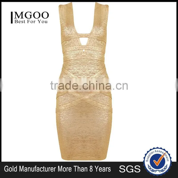 MGOO High Quality Wholesale OEM/ODM Gold Bandage Spandex Dress For Ladies Mini Bodycon Sheath Sexy Club Dress H838 photo-3