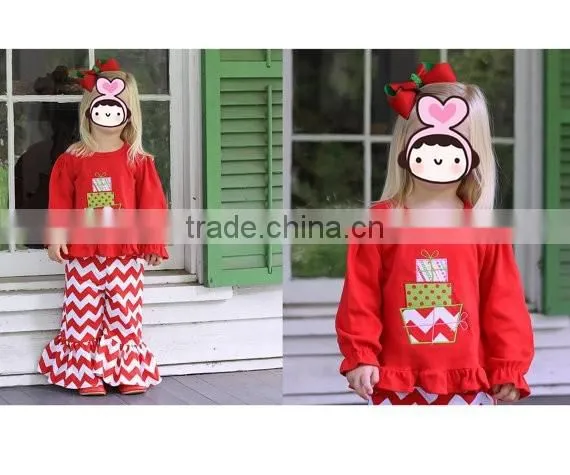 Boutique Remake Children Christmas Clothes Plain Red Top And Red Chevron Pants Set Girl Christmas Costumes photo-5