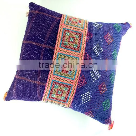 Pair of Purple Kantha Quilt Cushion Covers With Hmong Detail, Kantha Cushions, Kantha Pillow Case, Ooak photo-2