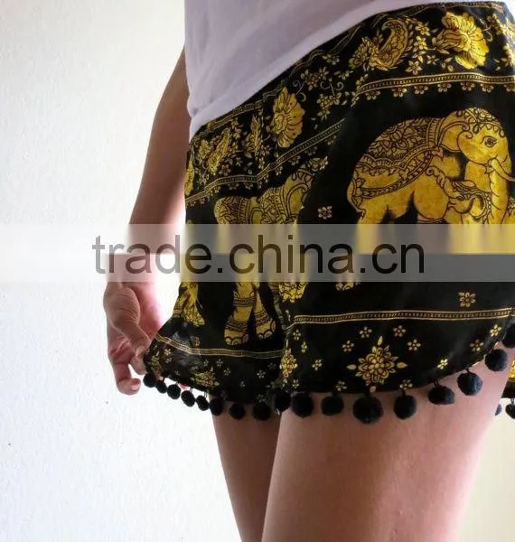 Vintage Bohomian Hippies Gypsy Girls Womens Pom Pom Trimming Shorts Elephant Ethnic Cotton Printed Ladies Viscose Beach Casual photo-4
