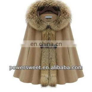 2013 Luxury Woman's Mink Fur Collar Hooded Cloak Coat