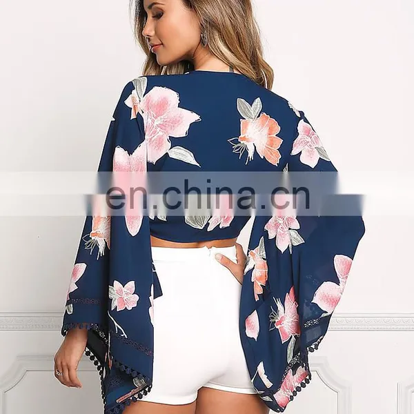 Navy Floral Bell Sleeve Front Tie Crop Top photo-3