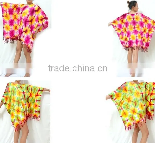 Vintage Retro HIPPIE BOHO Tie Dye Festival Music Beach Fringe Shirt Tunic Tent Kaftan Cover up PLUS Block Colors