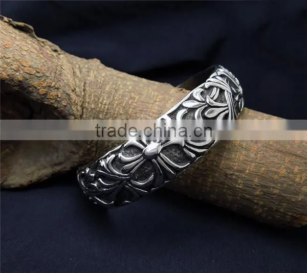 C Shape Antique Silver Vintage Engraved Stainless Steel Bangles photo-5