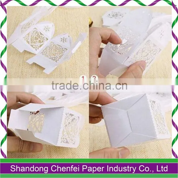 Customized Laser Cut White Wedding Favor Candy Boxes With Ribbon