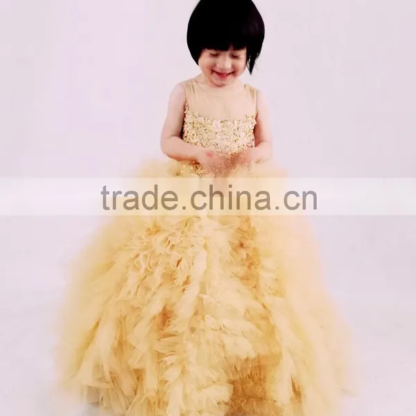 FG6 Real Sample Pictures Puffy Tulle Skirt Gold Flower Baby Girls Long Children Wedding Dresses photo-2