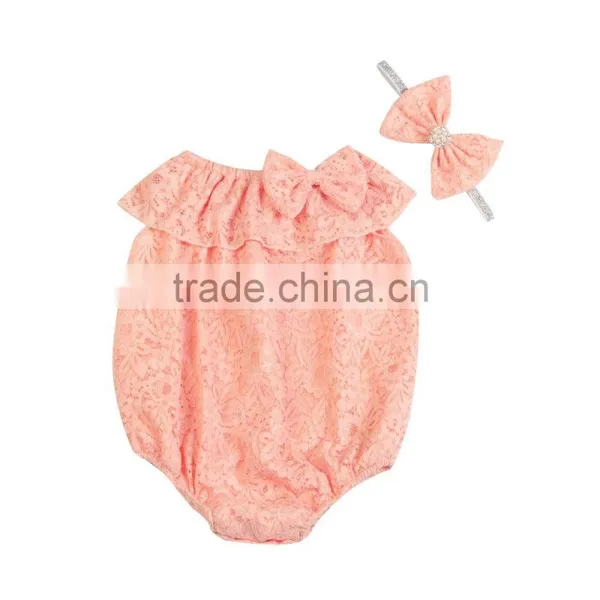 Summer Hot Sale Bouqitue Baby Clothing High Quality Rompers Baby Girl Plain Color Lace Rompers With Headband photo-4