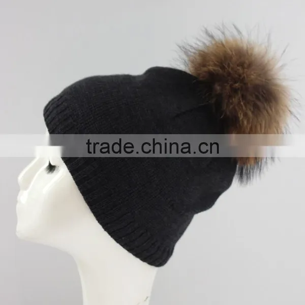 Myfur Newest Fashion Winter Crochet Hats Unisex Wholesale Genuine Raccoon Fur Pompom Beanie Wool Hats photo-5