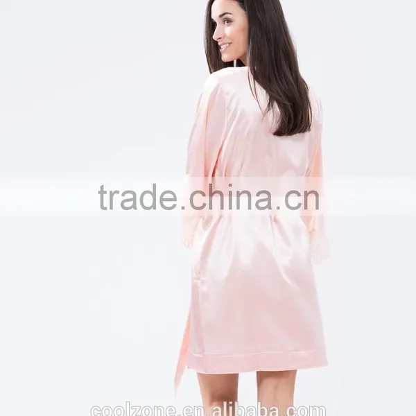 Elegant Tie-up Front Lace Trimmed Sleeves Kimono Robe Wholesale Satin Robe. photo-4