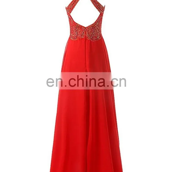 Red Spaghetti Strap Chiffon Long Evening Party Gowns 2016 A-line Criss Cross Strap Back Prom Dress With Crystals Sequined photo-3