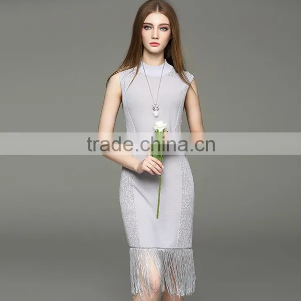 2017 Hot New Women Hollow Knit Dress Sleeveless Slim Hip Long Dress With Tassel photo-3