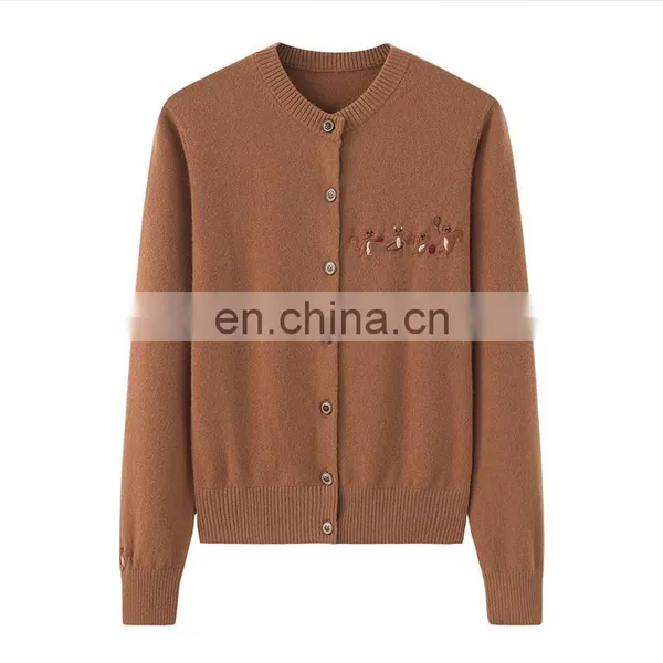 Custom 100% Cashmere Women's Button Knitted Cardigan New Casual Logo Design Crew Neck Single Breasted Closure Animal Winter photo-6