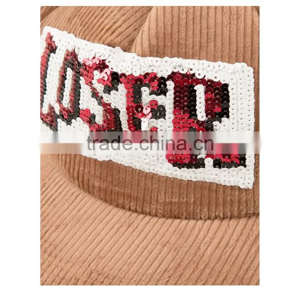 New Design Sequins Curved Bill Hat Custom 5 Panel Corduroy Trucker Cap photo-4