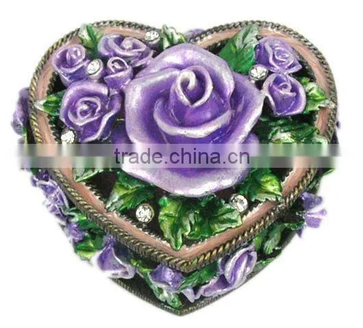 Purple Flower in Heart Shaped Jewelry/Trinket Box, Made of Metal-alloy