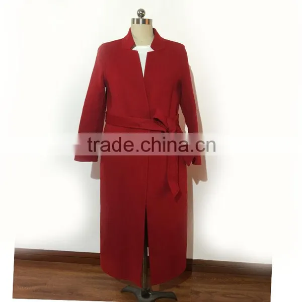2016AW 100% Woolen Garment Customized Woman's Fashion Long Coats Tie Belt Slim Fit
