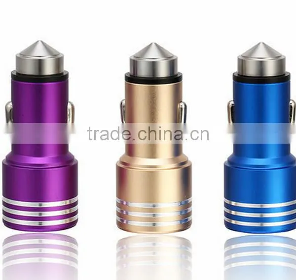 Dual USB-Port Car Charger for Iphone 6 6s Stainless Steel Safety Hammer photo-6