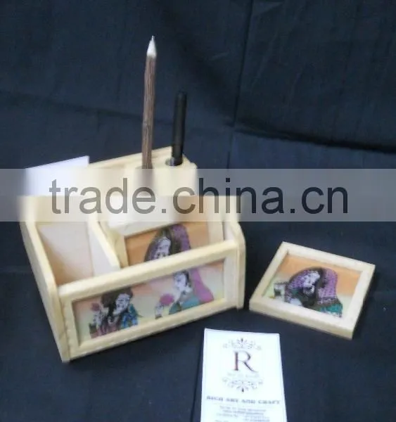 Rich Art And Craft Jaipur Rajasthan Wooden Handicraft Handmade Office Set of Pen Stand Tea Coaster photo-3