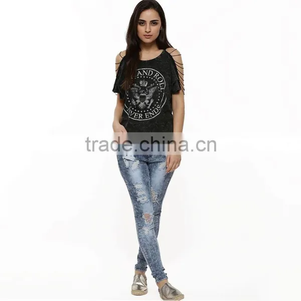2015 New Stylish Girls Personalized Chain String Sleeve t Shirt, Short Sleeve Black t Shirt photo-3
