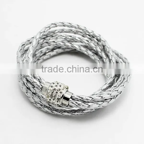 Leather Wrap Wristband Cuff Punk Magnetic Rhinestone Buckle Bracelet Bangle photo-5