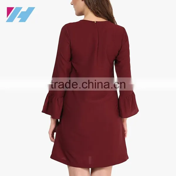 Summer Women's New Fashion Clothing 2016 Maroon Bell Sleeve Shift Dresses photo-4