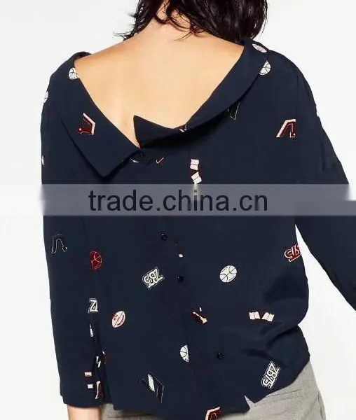Runwaylover EY2339B Europe Style 2017 Ladies Fashion Label Printed Blouse photo-3
