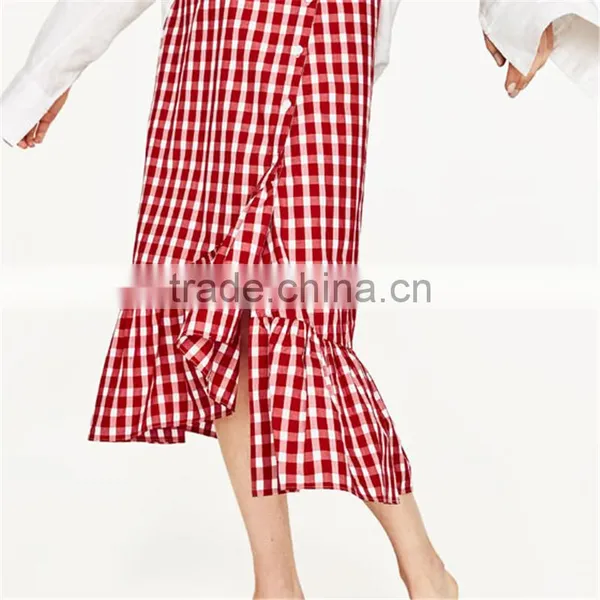 Latest Ladies Fashion Wholesale High Quality Red Plaid Frilled Skirt photo-4