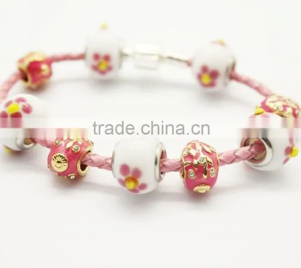 Fashion Handmade European Murano Glass Bead Thin Leather Bracelet photo-3