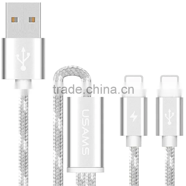 USAMS SJ044 1.2M Nylon Braided 2in1 Cable for Iphone 6/6s/6s Plus 2.1A USB Metal Weave Charging Data Cable for Iphone 6 Plus/5s photo-3