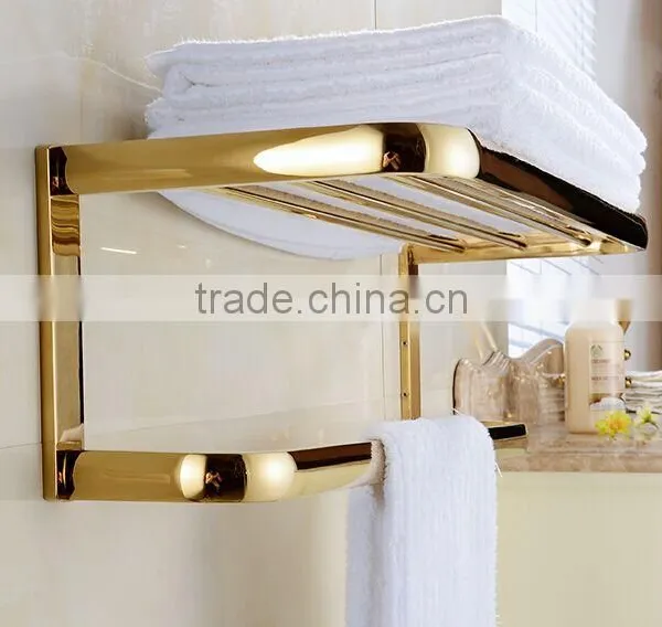 Golden Finish Modern Square Stainless Steel Towel Rack Holder Shelf W/ Towel Bar Hanger photo-5