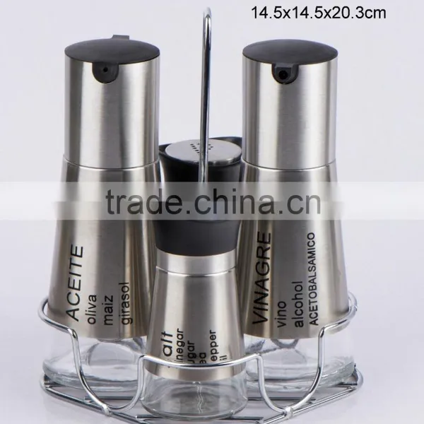 TW1039 4pcs Glass Oil Vinegar Salt Pepper Set With Metal Casing and Rack photo-2