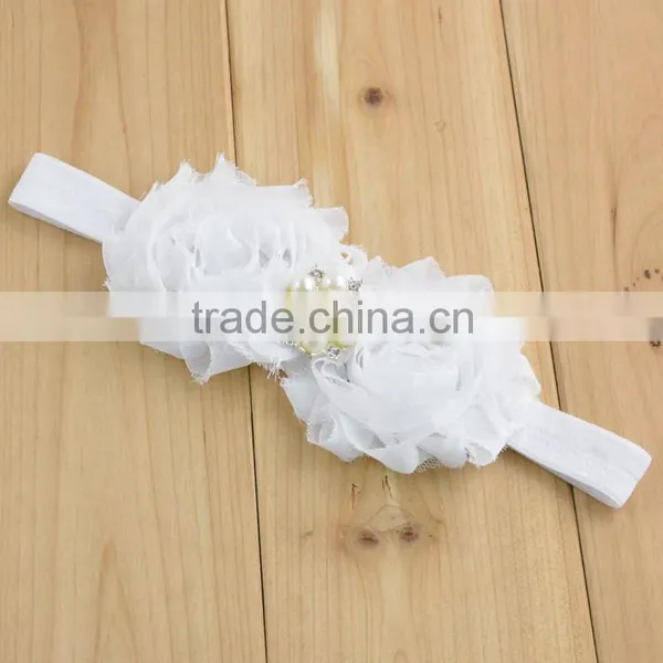 Fancy Nylon Velvet Ribbon Chiffon Fabric Flower Hair Band in Stock / New Arrival Pearl Flowers Hair Headband photo-4
