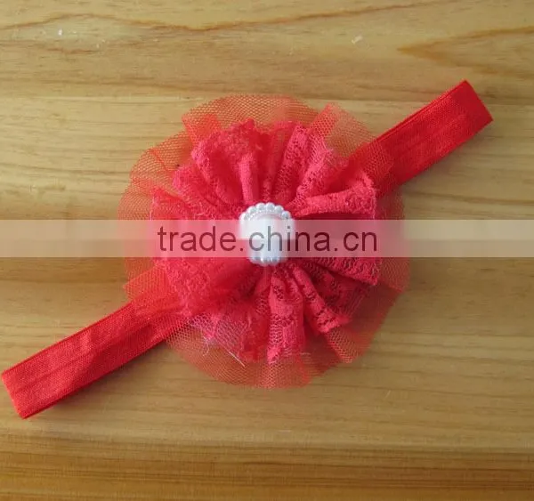 Lace Flower Headband With Pearl Rhinestone in Center for Kids Hair Accessories photo-4