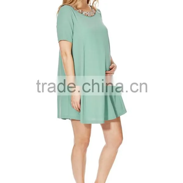 Fashion Embellished Trim Swing Maternity Dress Wear