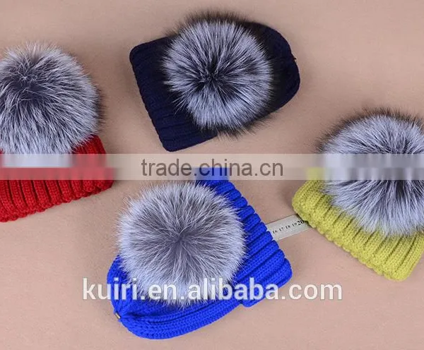 Hot Selling Beanie Hat With Snap and Big Size Silver Fox Fur Ball on Top photo-3