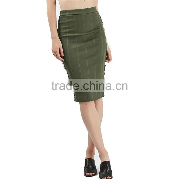 2017 OEM Ladies Fashion Midi Tube Khaki Skirt With Side Metal Detrails photo-6