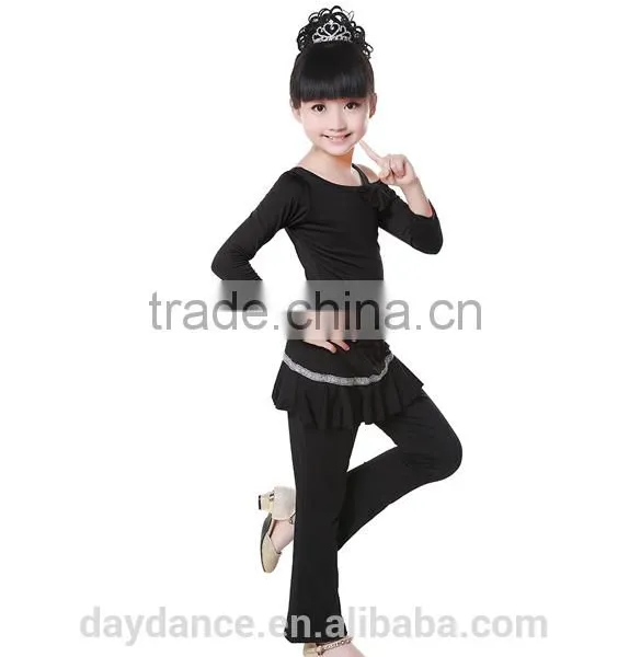 Children Kids Long Sleeve Gymnastics Shirt Pants Suit Girls Dew Shoulder Bowknot Unequal Latin Practice Dance Costumes photo-2
