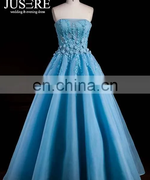 Latest 3D Flowers Illusion Lace Appliqued Beaded Blue Long Evening Dresses 2016 Floor Length Off Shoulder Puffy Prom Dress