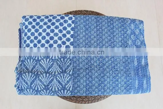 Indigo Blue PATCHWORK KANTHA Quilt Blanket Bedspread Throw Gudari Ralli India Bedding Patchwork Quilt Queen Bohemian Quilt Blue photo-2