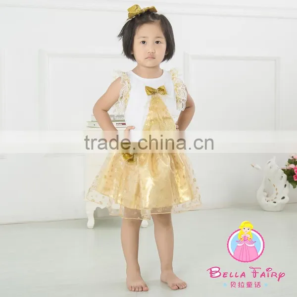 Best Selling Gold Baby Dress Pictures,girl Dresses With Bow,children Summer Flow Wholesale Lace Baby Dress photo-2