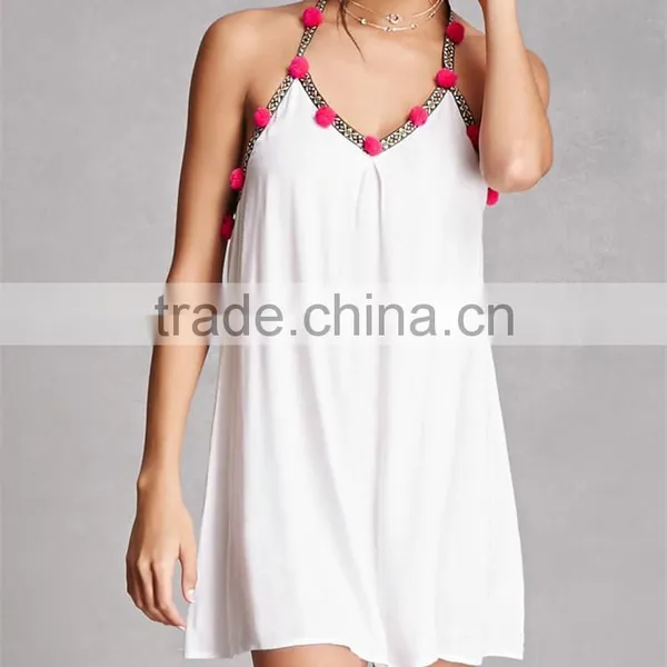 Good Quality V-neckline Embroidered Detailing Pom Pom Halter Dress photo-3