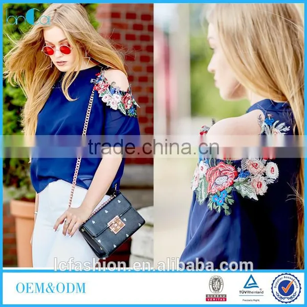Fashion New Designs Blouses & Top 2017 Cold Shoulder With Embroidered Floral Top