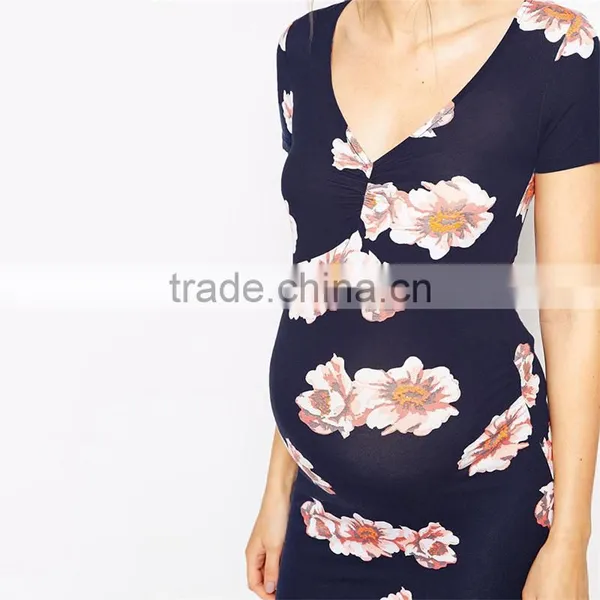 Maternity Clothing Manufacturer Wholesale Dark Floral Printed Maternity Clothes Wholesale Midi Maternity Clothes photo-3