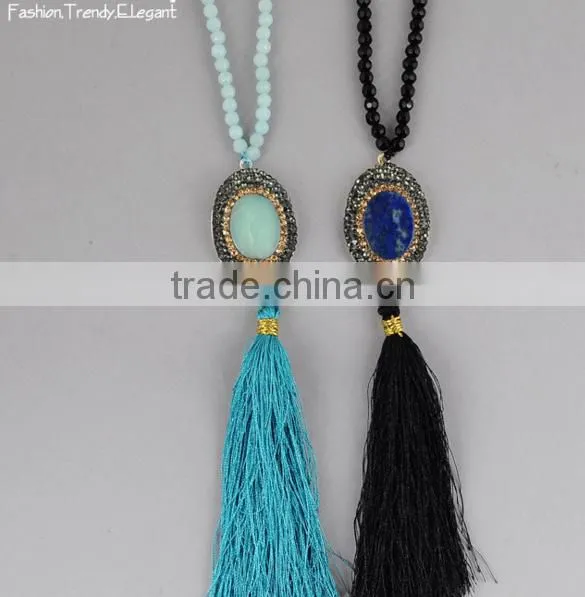 Fashion Long Hand Knotted Druzy Tassel Necklace, Druzy Beaded Neckalce