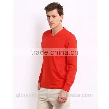 Cotton Plain Long Sleeve Red t Shirt With V Neckline photo-3